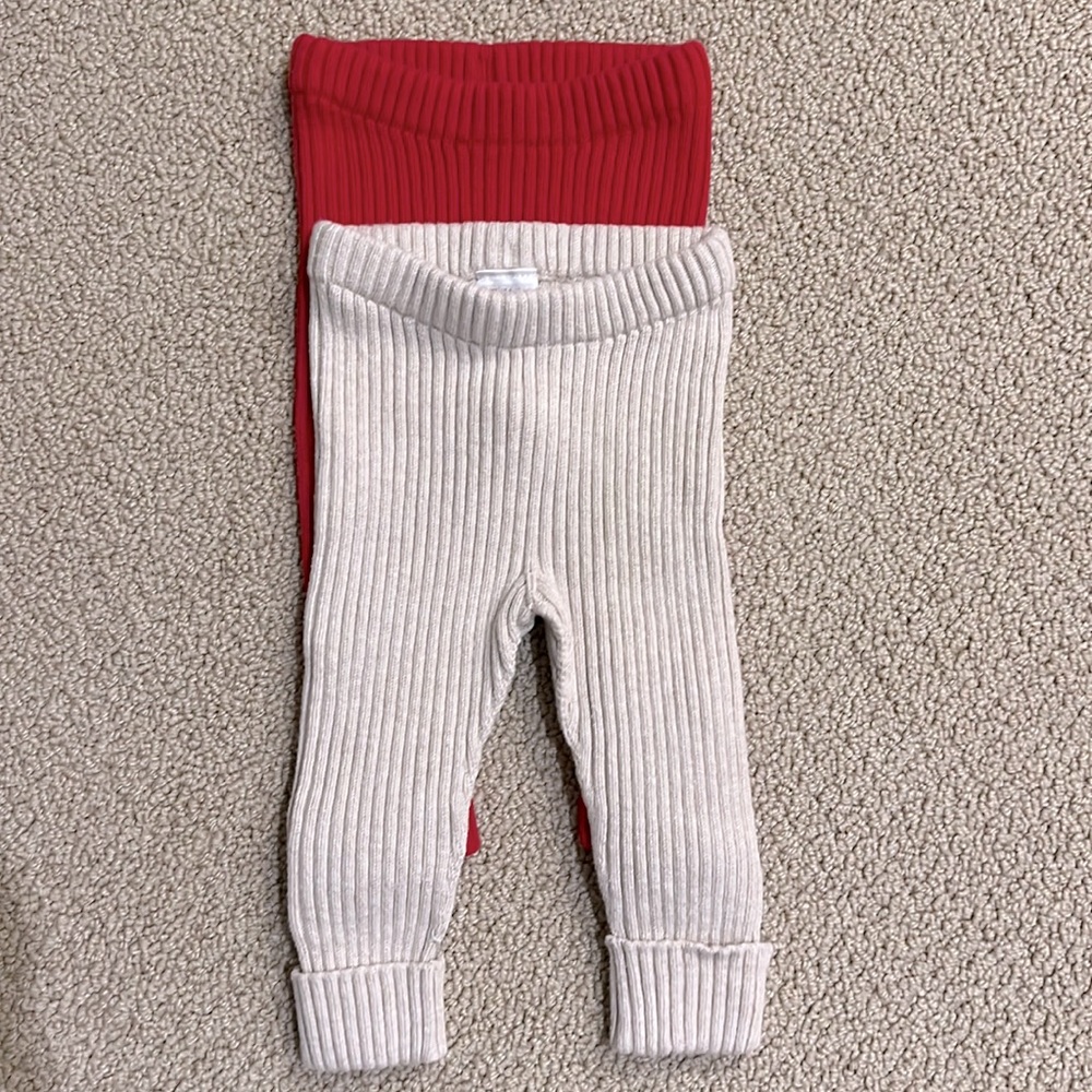 Hanna Andersson Thick SweaterKnit Leggings x2 (red & oatmeal) - Size 6-12 Months